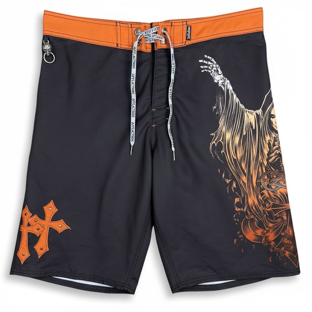 Affliction x Ozzy Osbourne Board Shorts Gothic Cross Skull Ball Swim Trunks 36